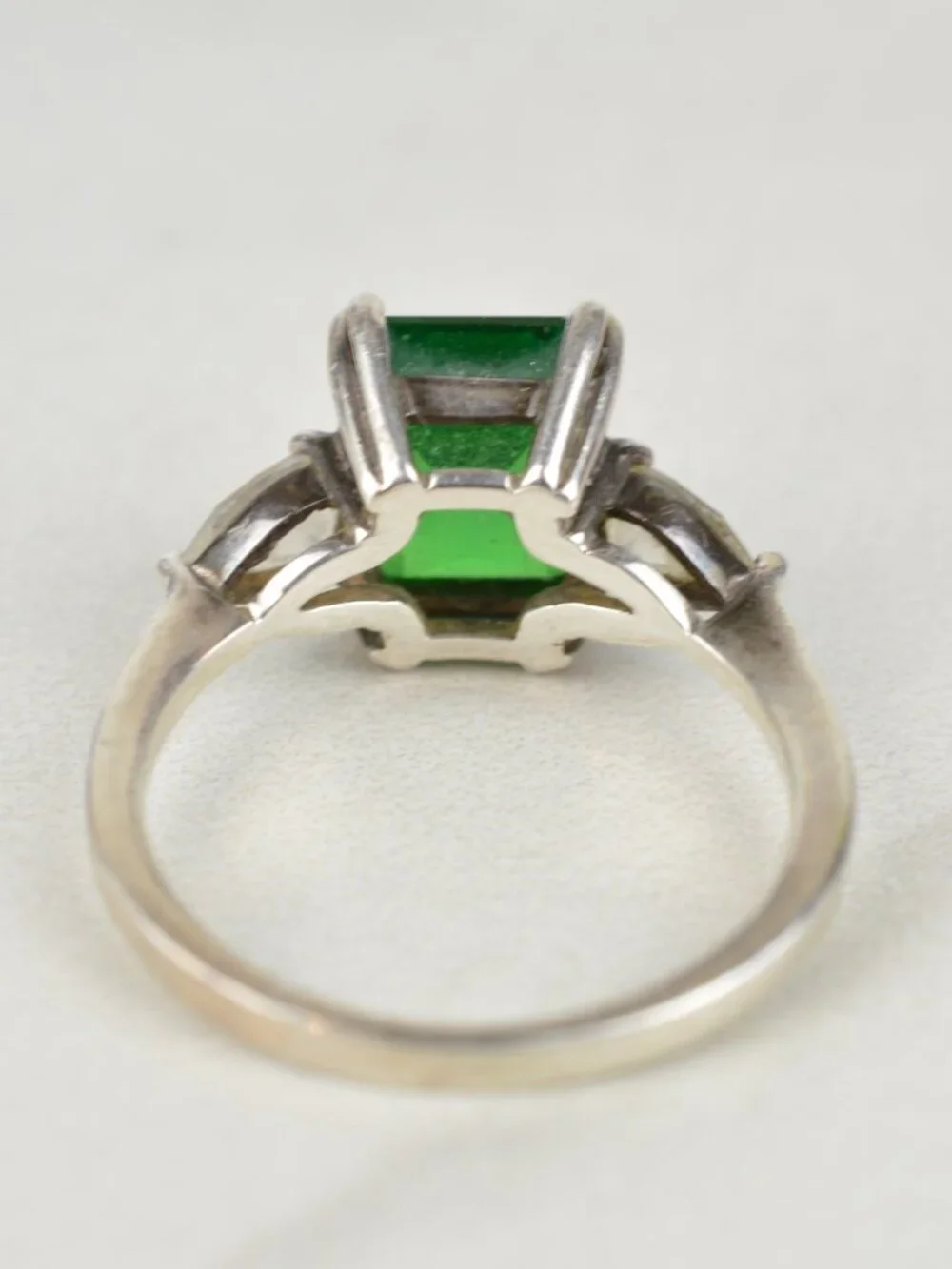 Diamonique QVC 925 Sterling Silver Simulated Emerald Three Stone CZ Ring 7.5